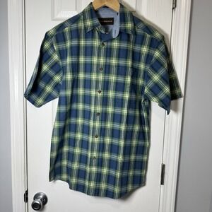 Bit and Bridle Button Up‎ Hulk color blue green plaid short sleeve Small